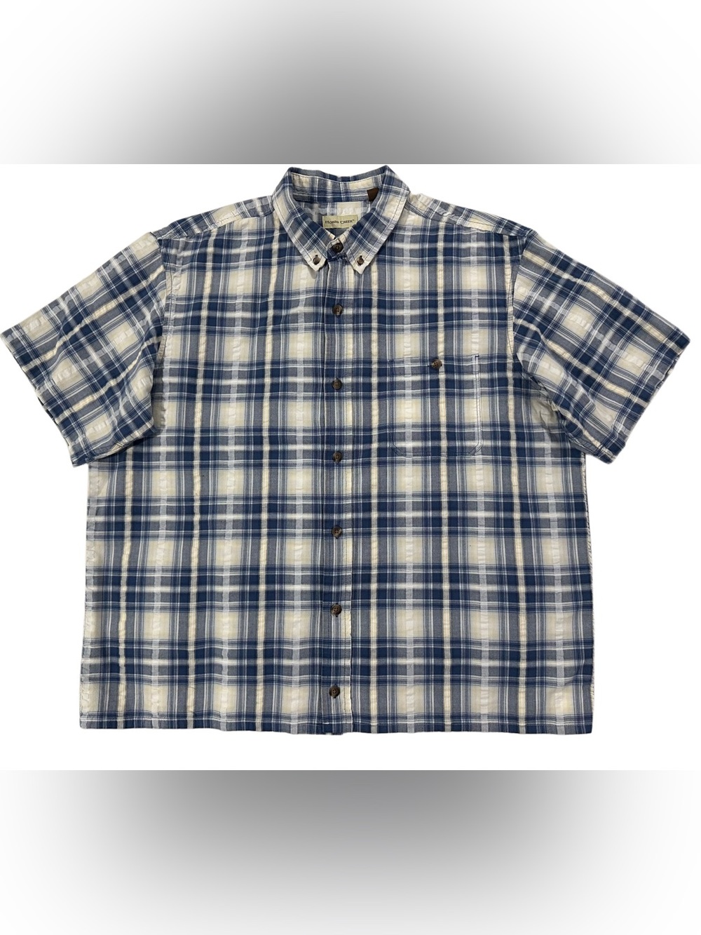 Hobbs Creek Plaid Button Down Shirt Mens XL Short Sleeve Blue Tan Casual